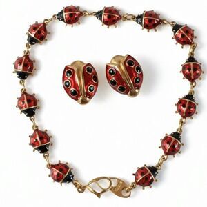 Vintage Avon Ladybug Bracelet & Matching Pierced Stud Earrings Goldtone & Enamel